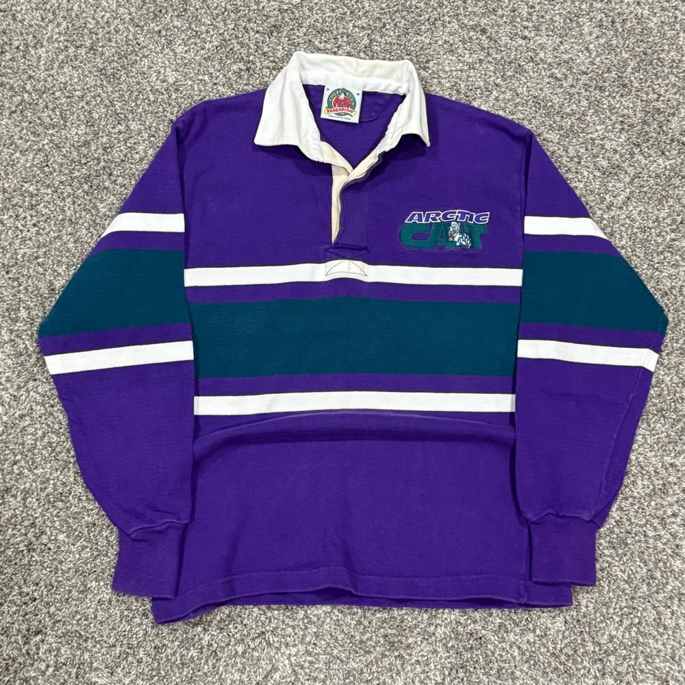 Vintage 90s Barbarian Arctic Cat Rugby Shirt Mens M Purple Teal Striped Canada